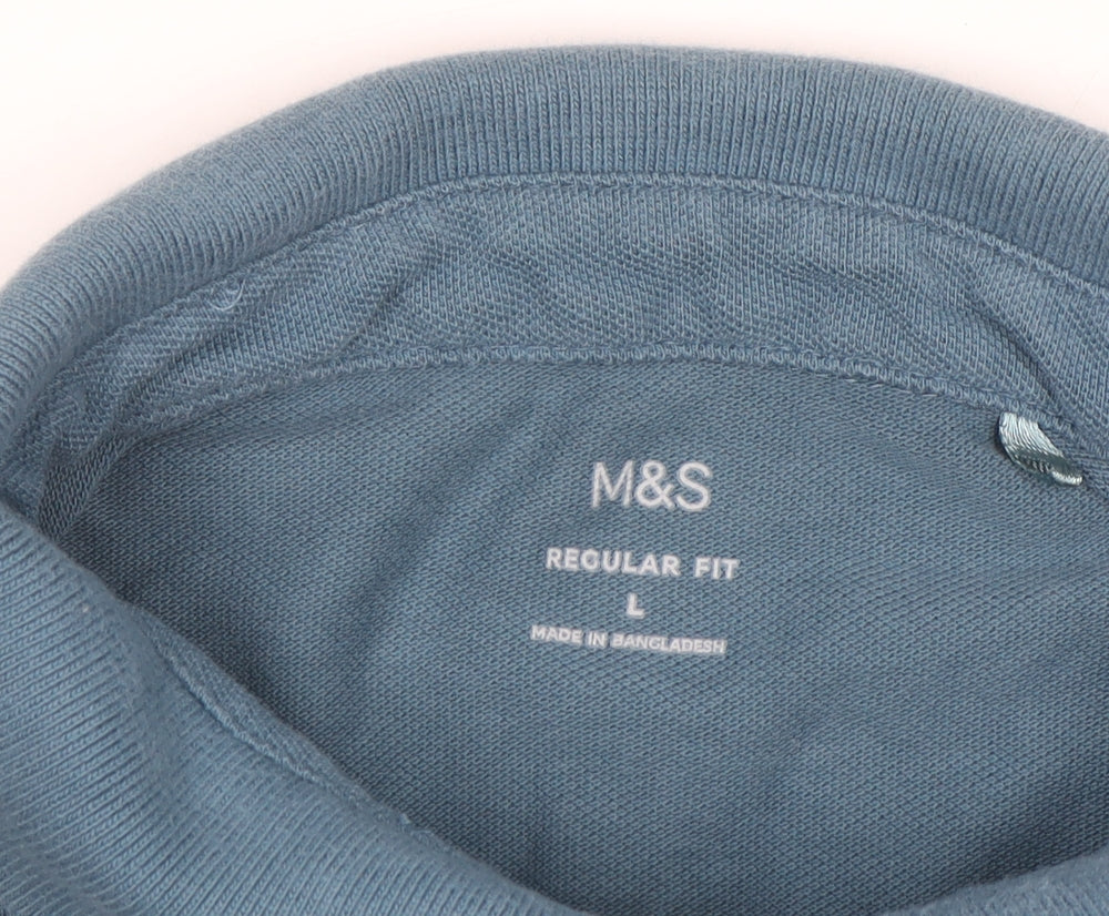 Marks and Spencer Men's Blue Long Sleeve Regular Fit Cotton Polo L