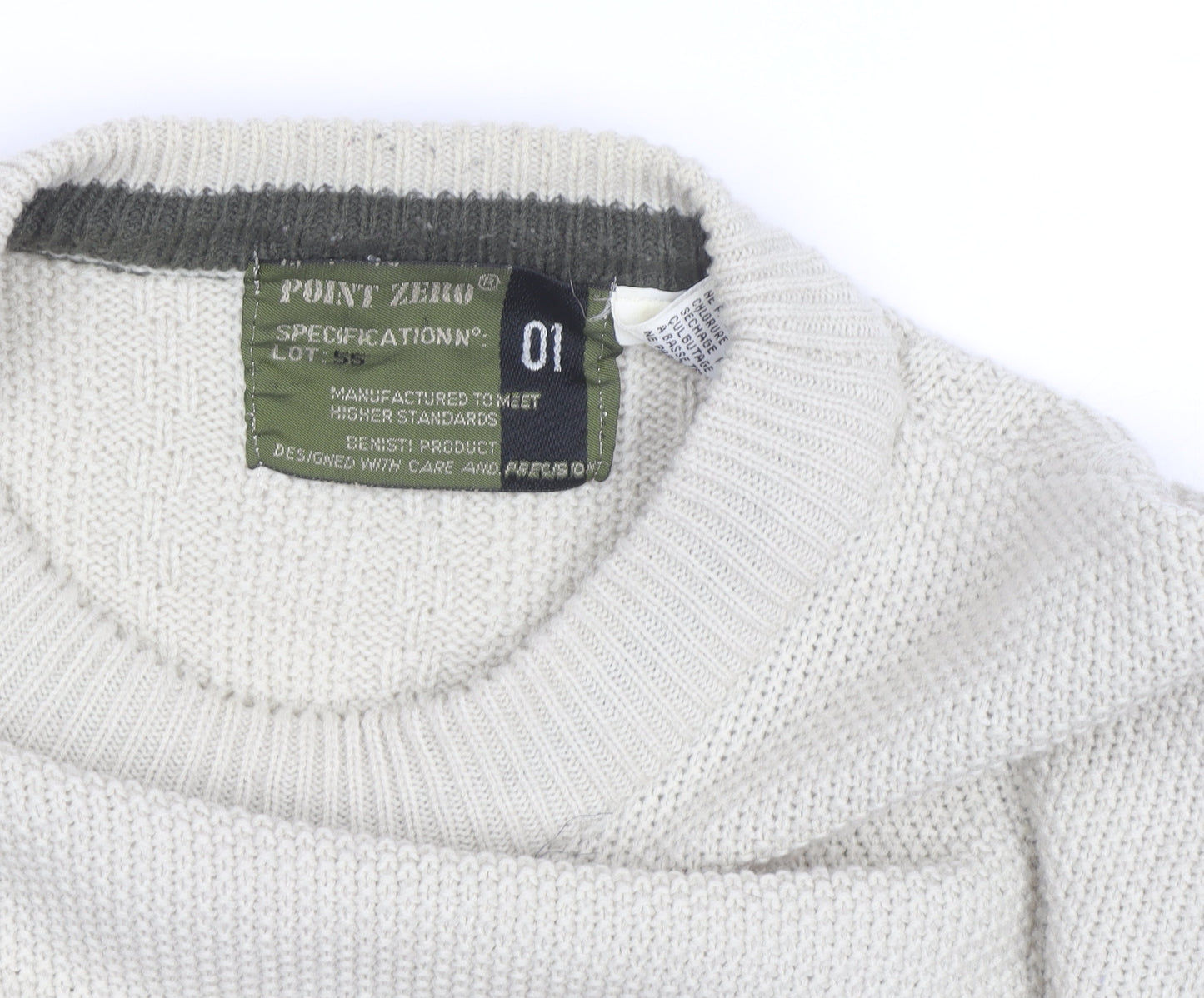 Point Zero Men Beige Crew Neck Cable-Knit Jumper M