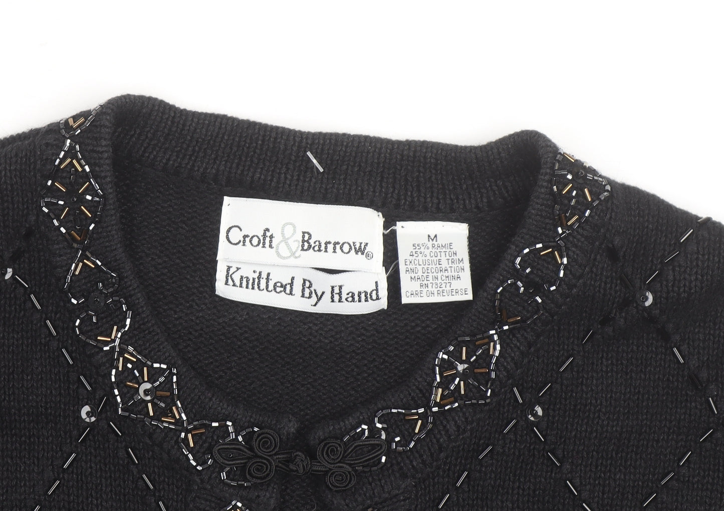 Croft & Barrow Women's Black Beaded Knit Cardigan M Classic Ramie Cotton