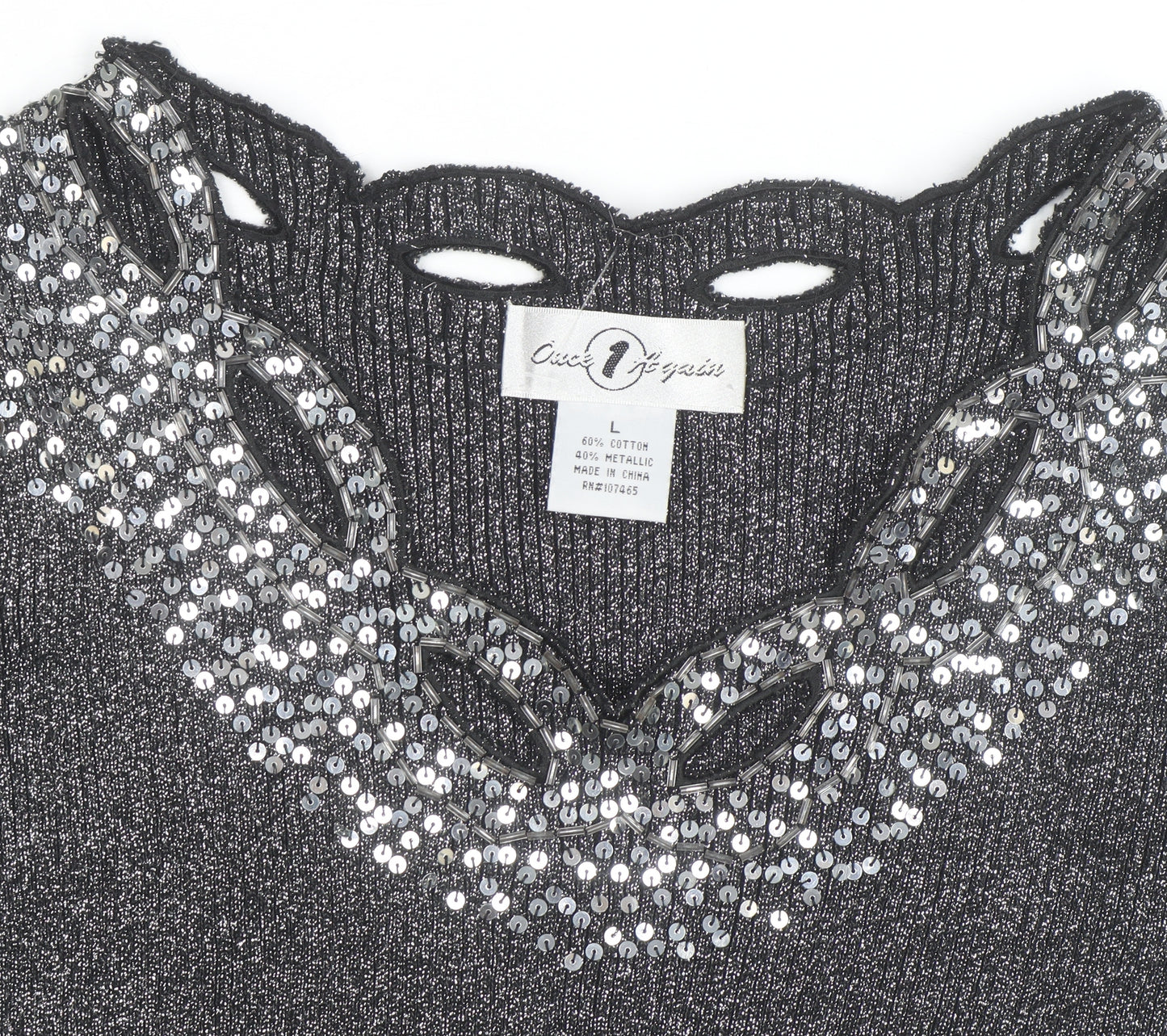 Once Again Women's Grey L Sequin V-Neck Long Sleeve Pullover Jumper