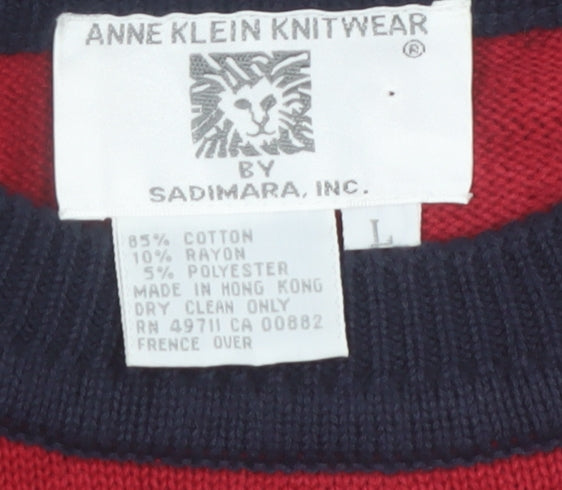 Anne Klein Women Navy Red Crew Neck Cotton Jumper L Classic Knit