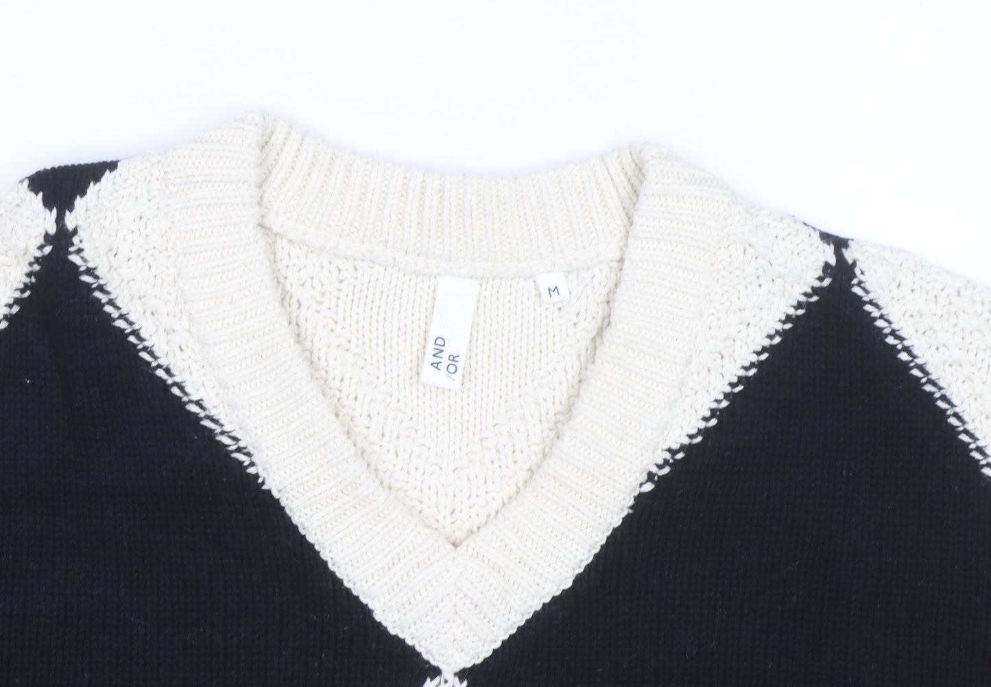 AND/OR Women's Black & Cream Argyle V-Neck Knit Jumper Size M