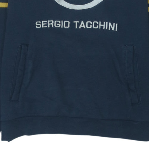 Sergio Tacchini Men Blue Pullover Hoodie M Logo Fleece Sweatshirt