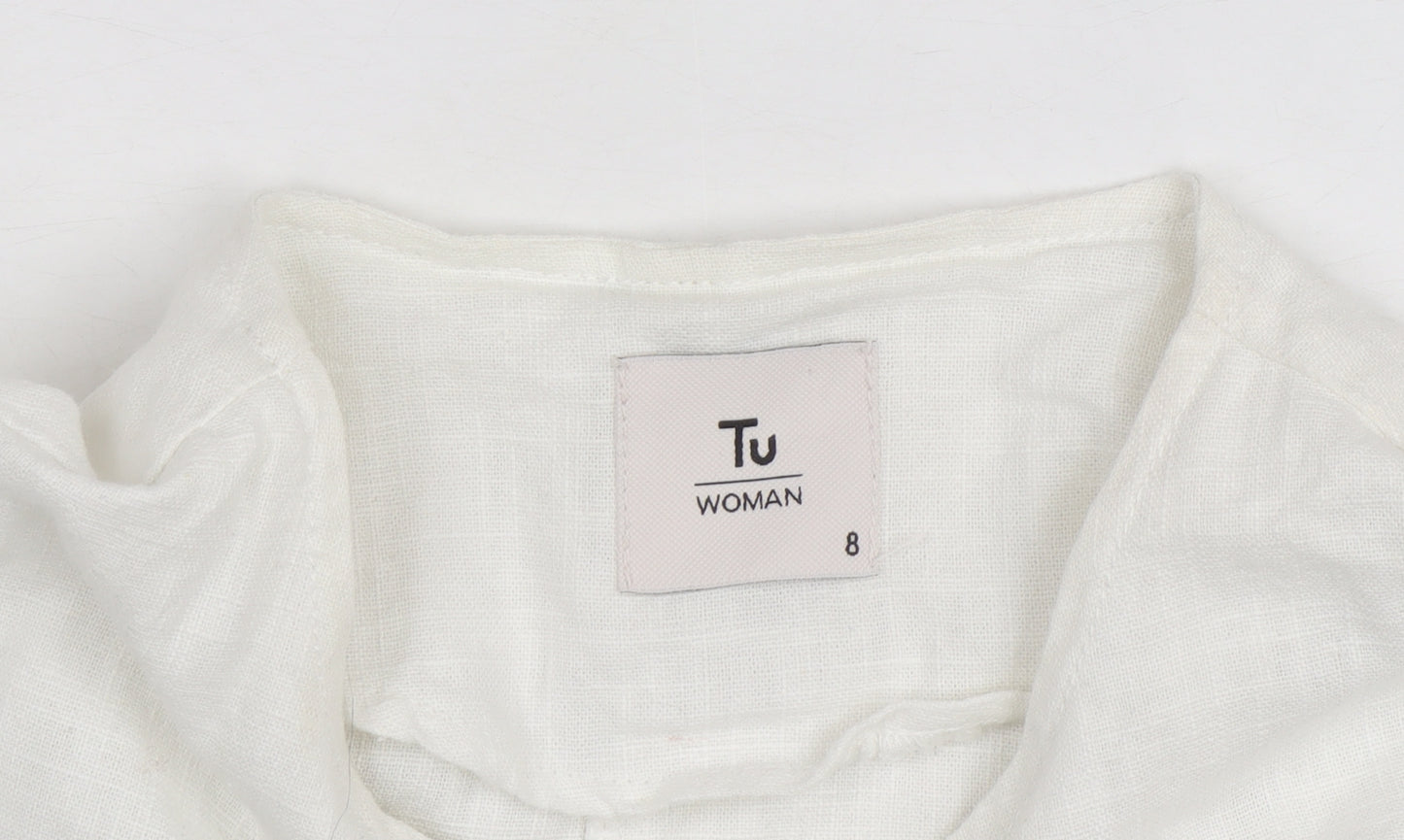Tu Women White Linen Cotton Long Sleeve Basic Blouse Size 8