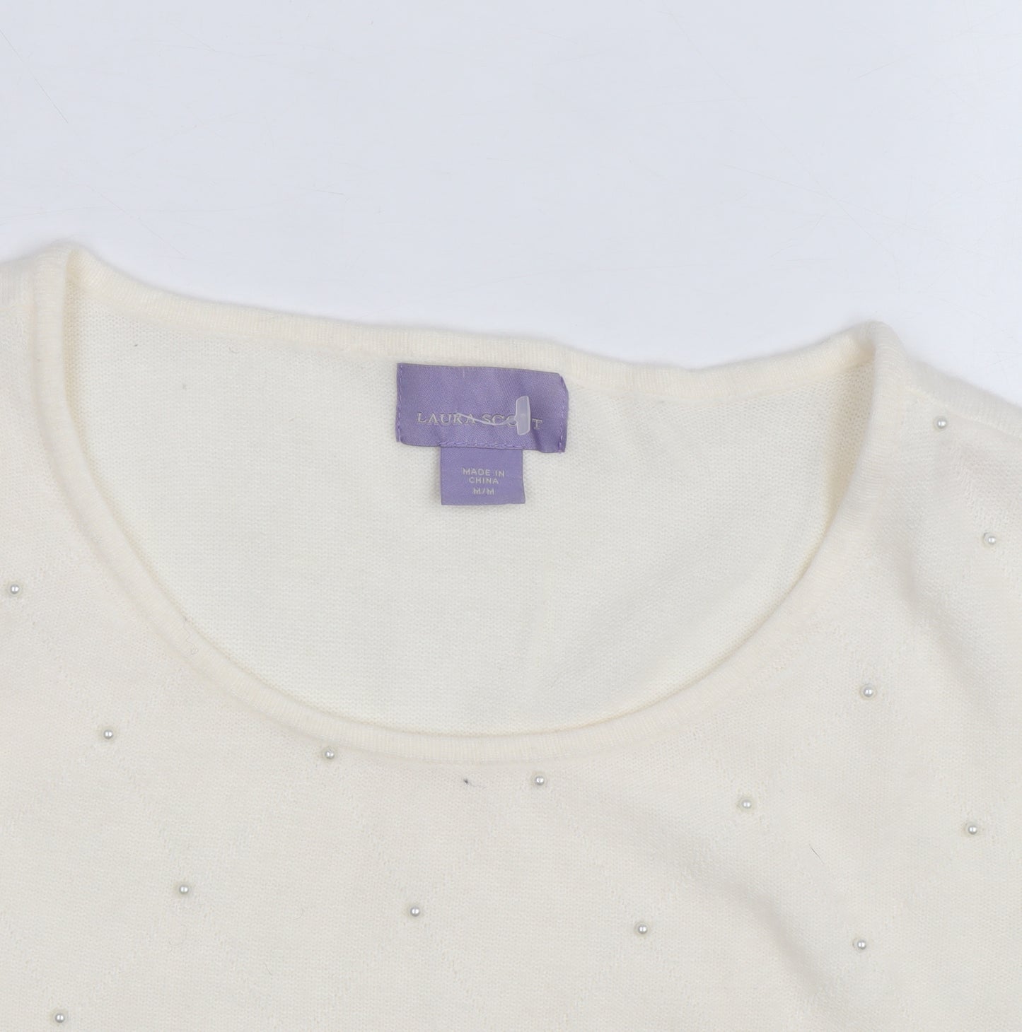 Laura Scott Women’s Ivory Beaded Knit Pullover Jumper Size M