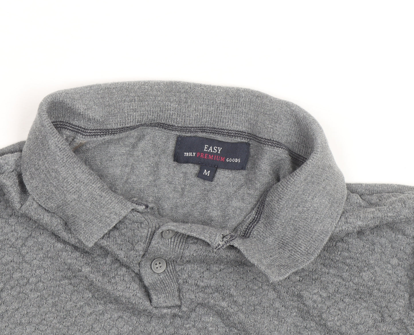 EASY Men's Grey Collared Cotton Henley Jumper Size M