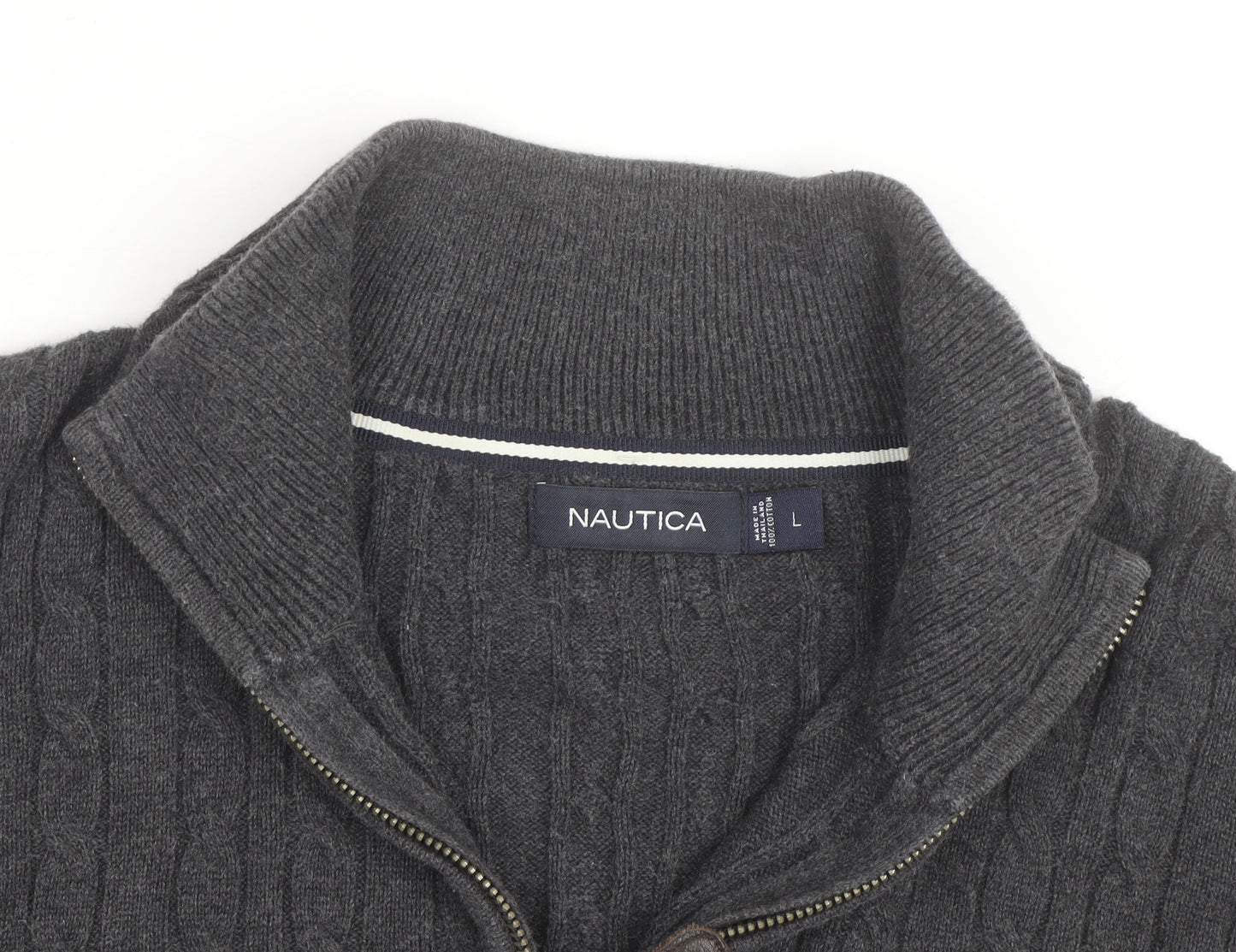 Nautica Men's Grey Cable-Knit Cotton Half Zip Jumper L