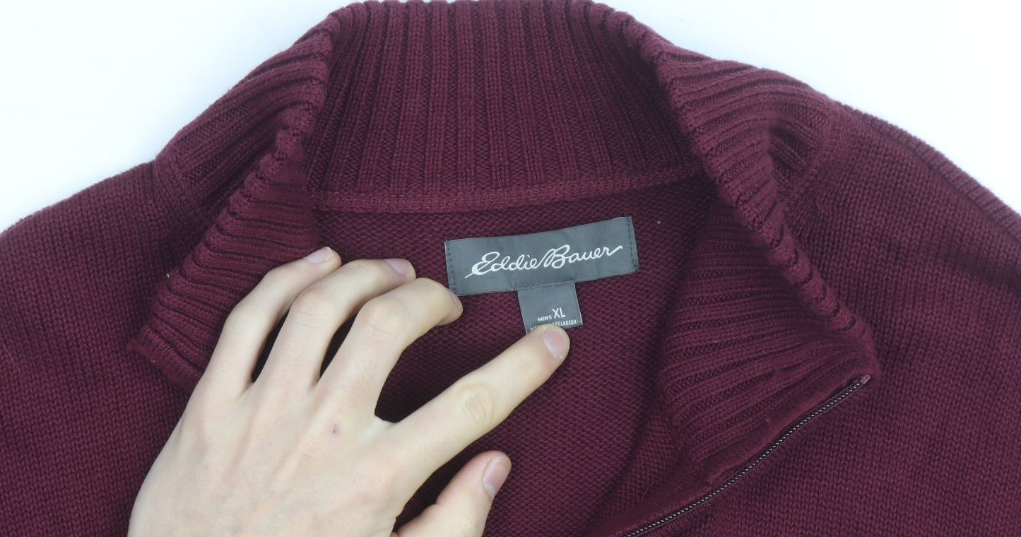 Eddie Bauer Mens XL Red 1/4 Zip Cotton Knit Jumper