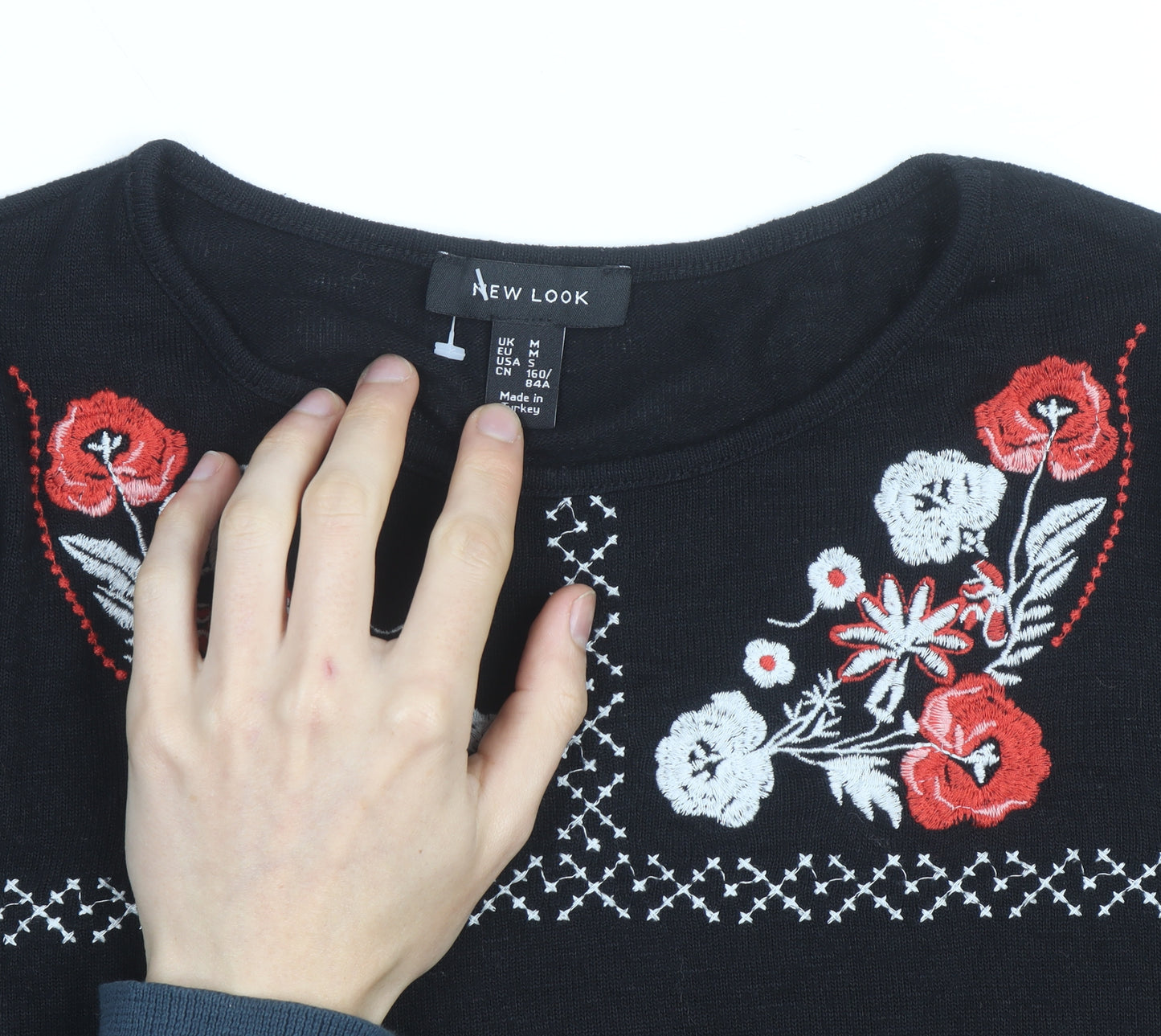 New Look Women Black Floral Embroidered Pullover Jumper M