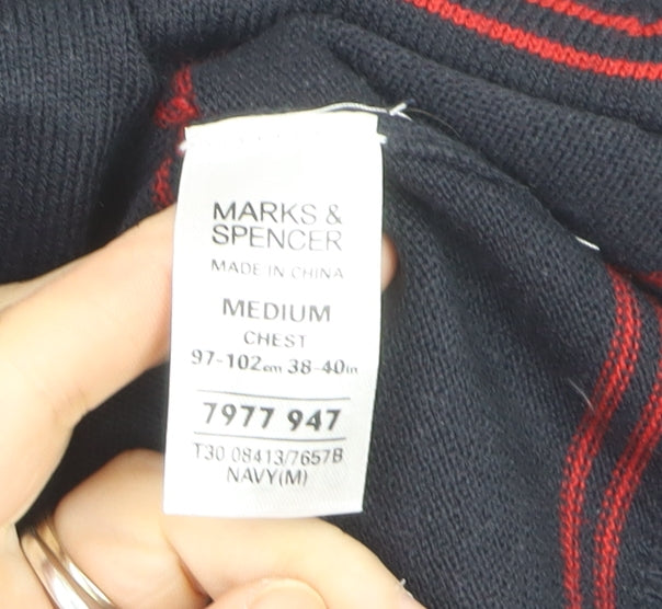 Marks and Spencer Men’s Navy Red Stripe V-Neck Pullover Jumper M