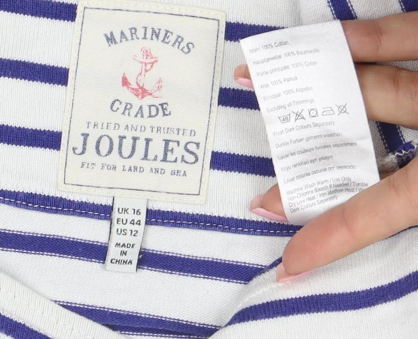 Joules Womens White Blue Striped 3/4 Sleeve Boat Neck Cotton Top UK 16