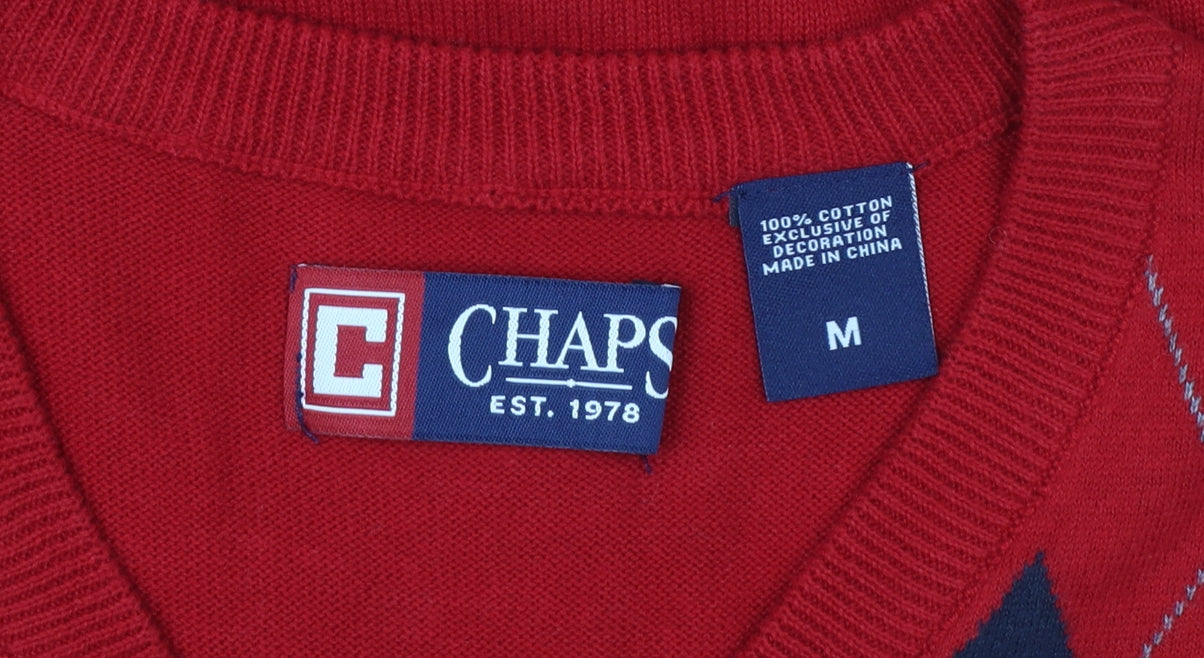 Chaps Men's Red Argyle V-Neck Cotton Sleeveless Vest Jumper Size M