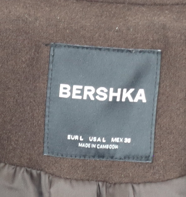Bershka Women's Brown Wool Pea Coat Size 14 Cropped Buttoned Jacket