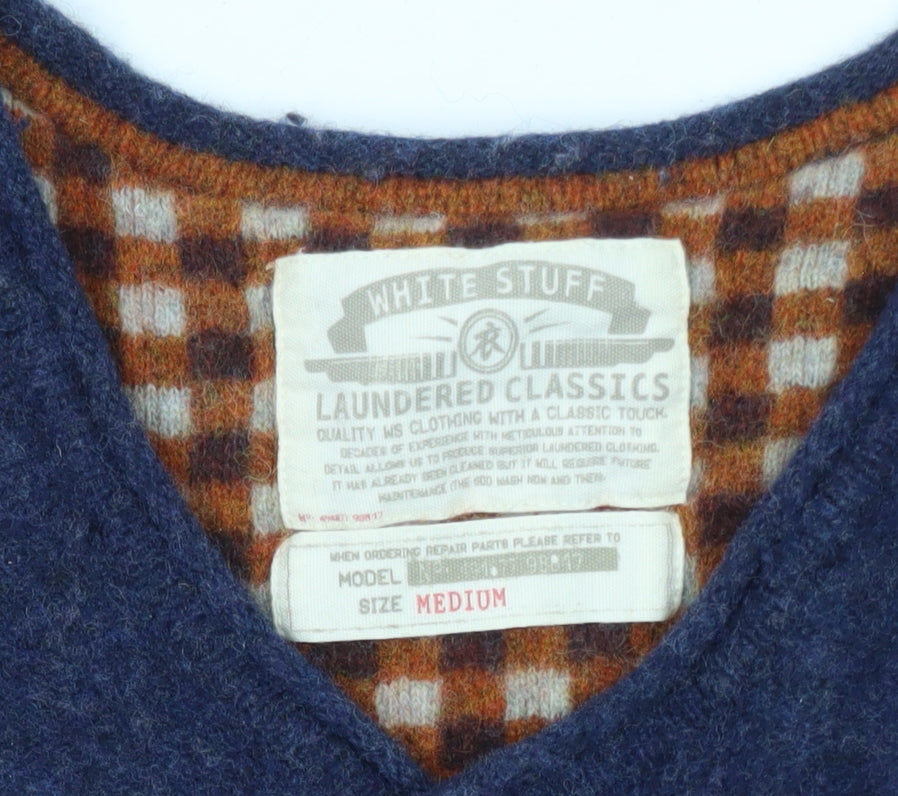 White Stuff Men's Blue Wool V-Neck Pullover Jumper Medium