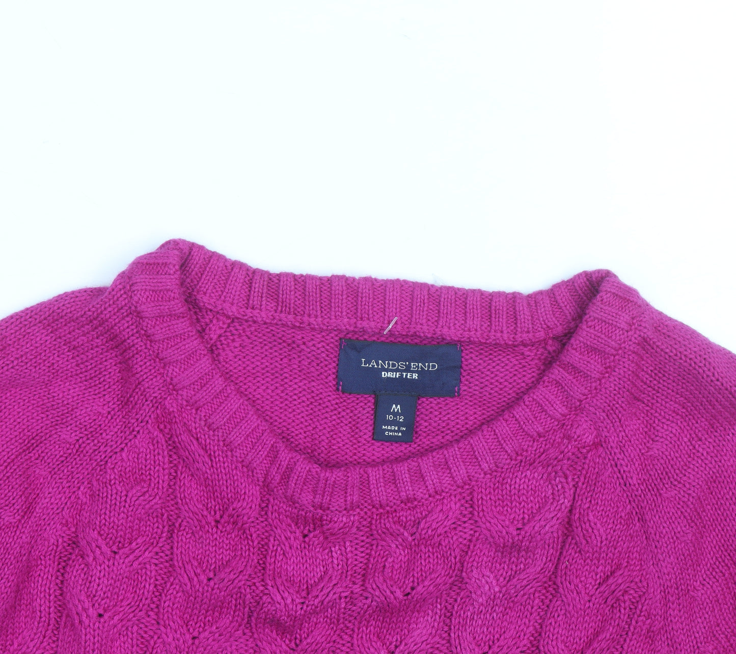 Lands' End Women's Pink Cable-Knit Cotton Jumper M 10-12 Crew Neck