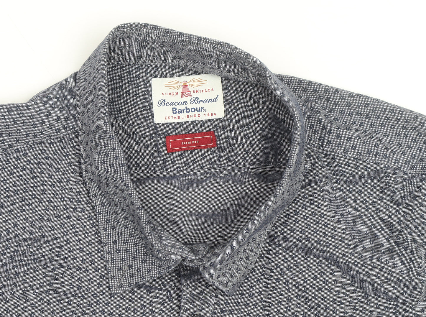 Barbour Beacon Men's Blue Geometric Slim Fit Long Sleeve Cotton Shirt M