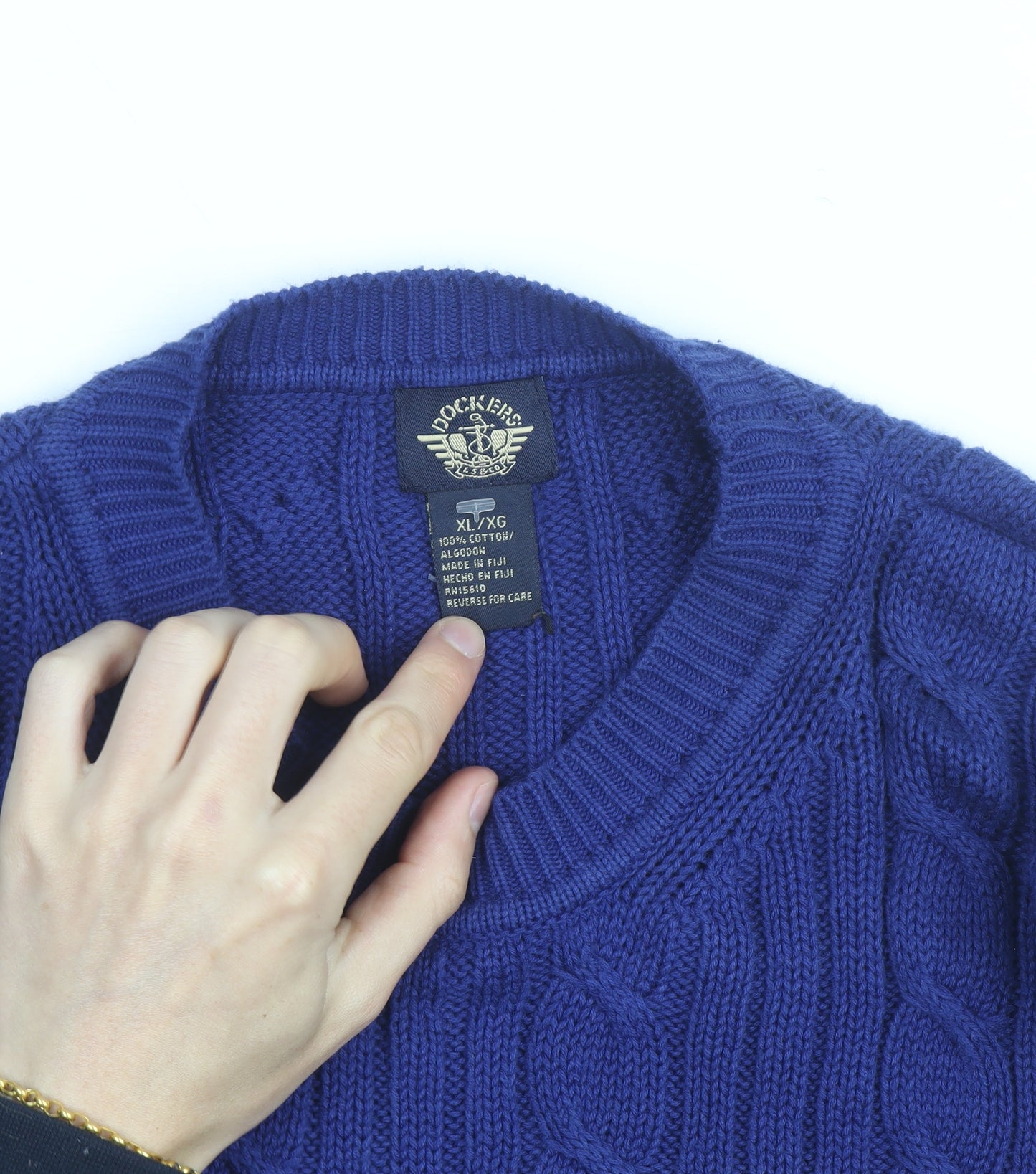 Dockers Men's Blue Cable-Knit Cotton Jumper XL Classic Fit