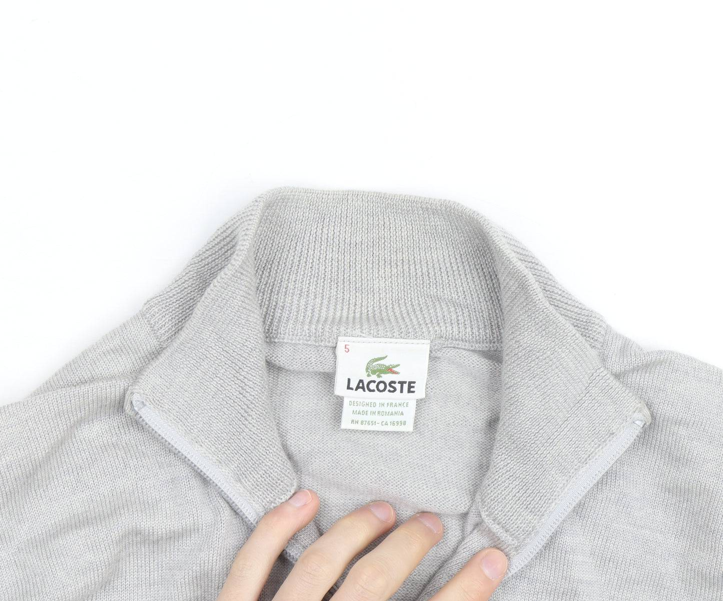 Lacoste Men’s Grey Wool Full Zip Jumper L High Neck Classic Knit