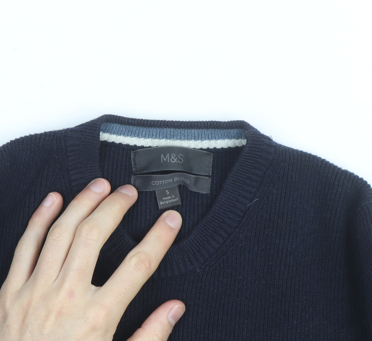 Marks and Spencer Men's Blue Cotton Blend Crew Neck Jumper Size S