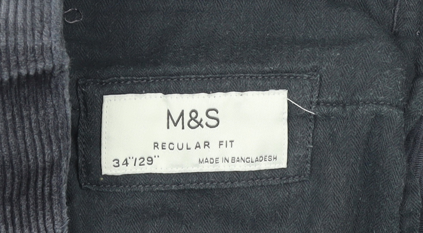 Marks and Spencer Men's Grey Corduroy Regular Fit Trousers 34W 29L