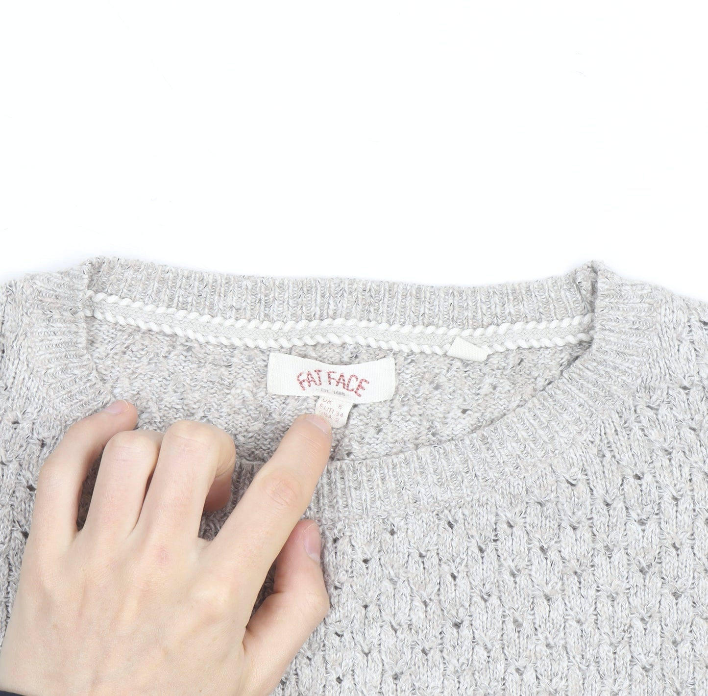 Fat Face Women’s Grey Open-Knit Cotton Blend Jumper Size 8