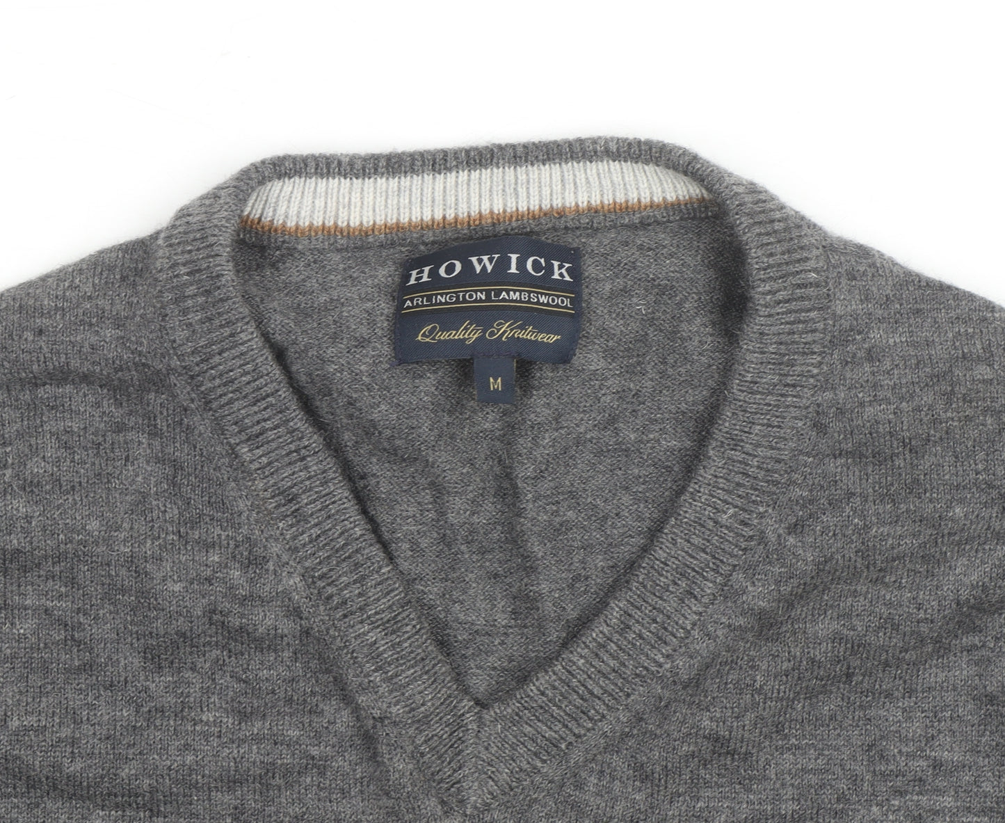 Howick Mens Grey Wool V-Neck Jumper Size M Lambswool Knitwear