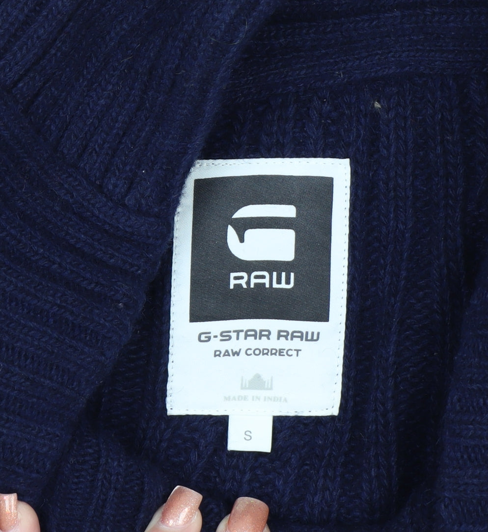G-Star RAW Men's Blue Wool Cable-Knit V-Neck Pullover Jumper Size S