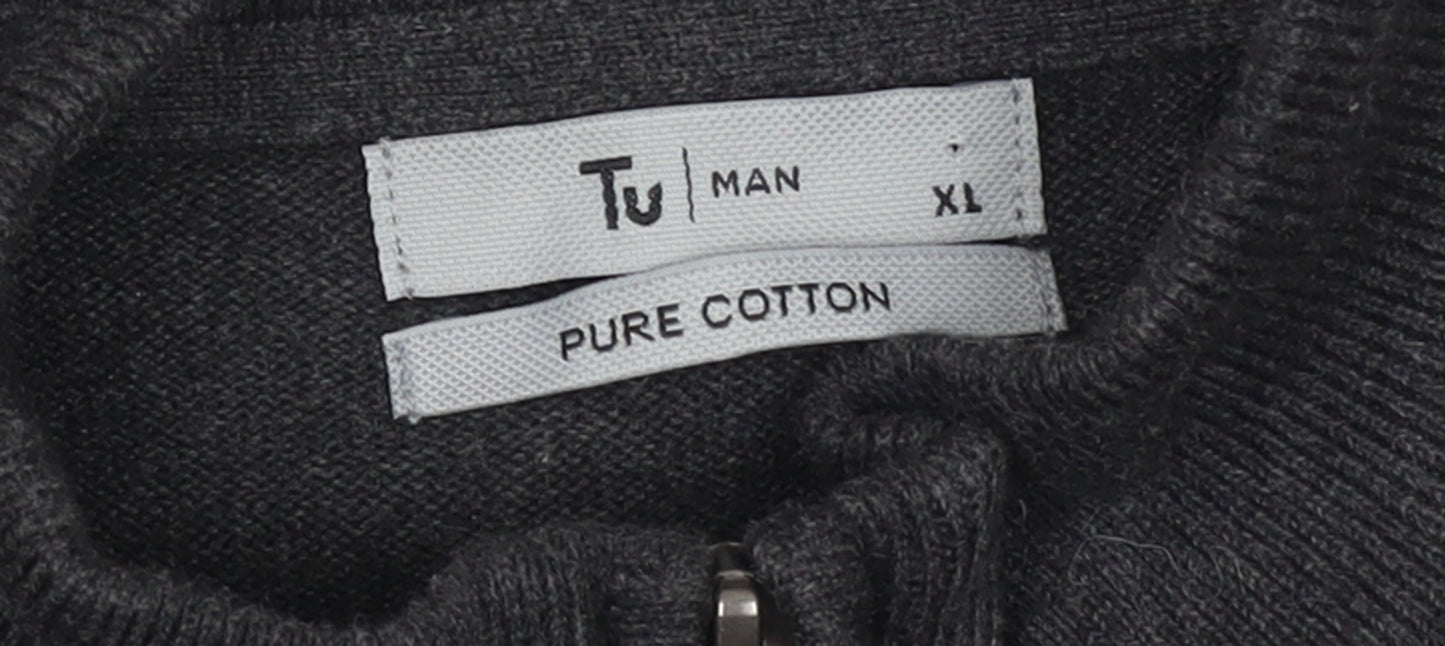 Tu Men's Grey XL 1/2 Zip Cotton High Neck Jumper