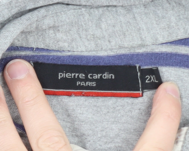 Pierre Cardin Men Grey Striped Long Sleeve Polo Shirt 2XL Classic Fit