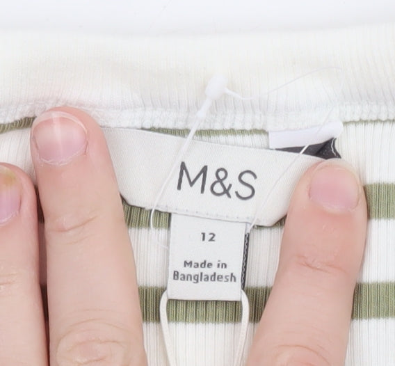 Marks and Spencer Women’s Green White Striped Slim Fit Cotton T-Shirt Size 12