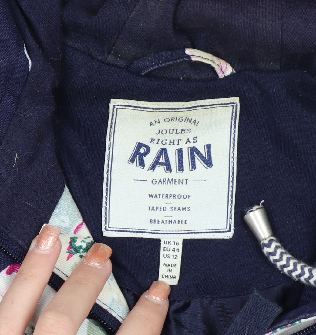 Joules Women's Blue Floral Waterproof Hooded Rain Jacket Size 16