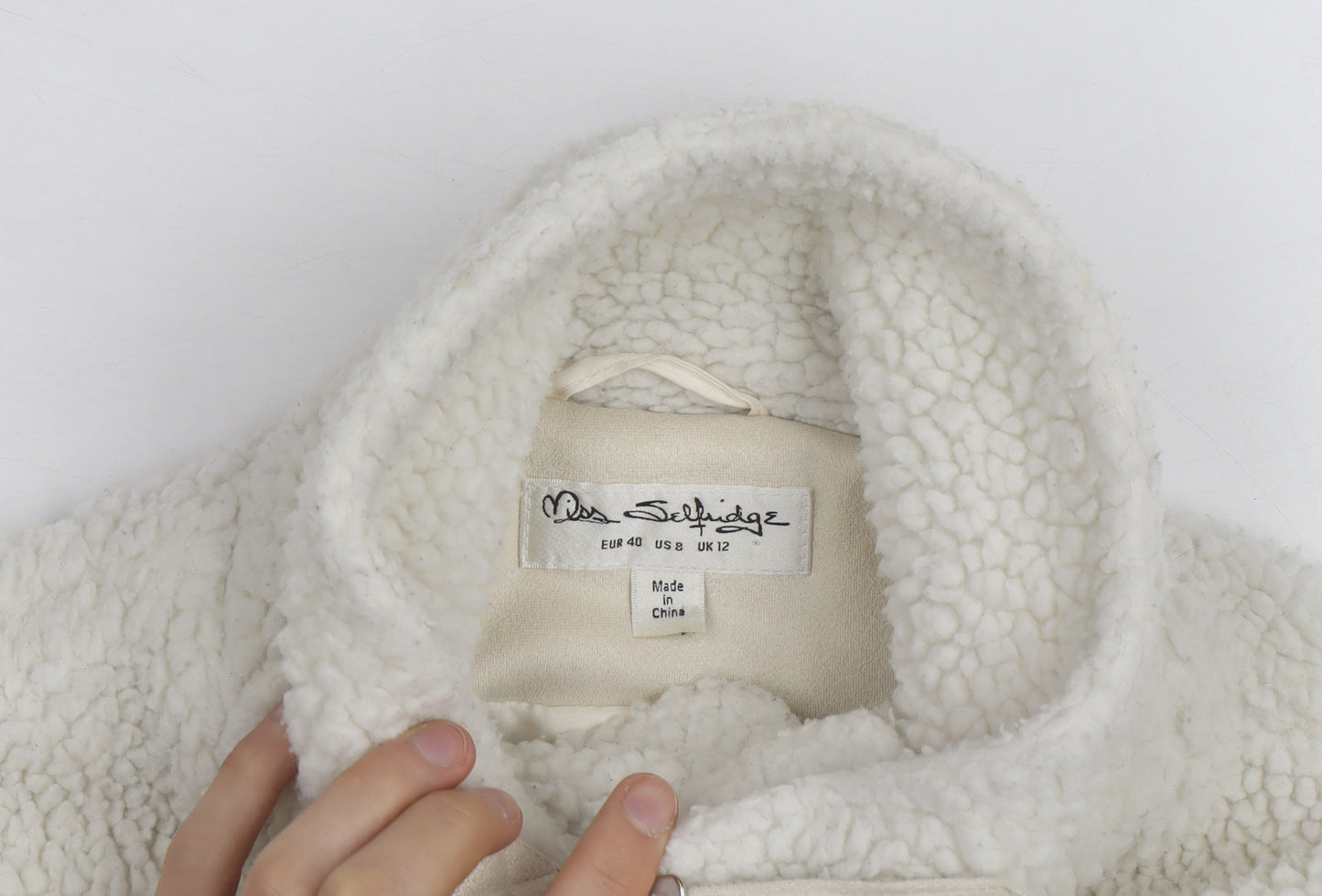Miss Selfridge Women Ivory Faux Fur Belted Bomber Jacket Size 12