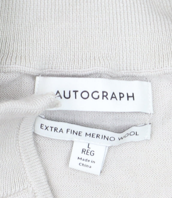 Marks and Spencer Men Beige Merino Wool 1/4 Zip Jumper L Regular
