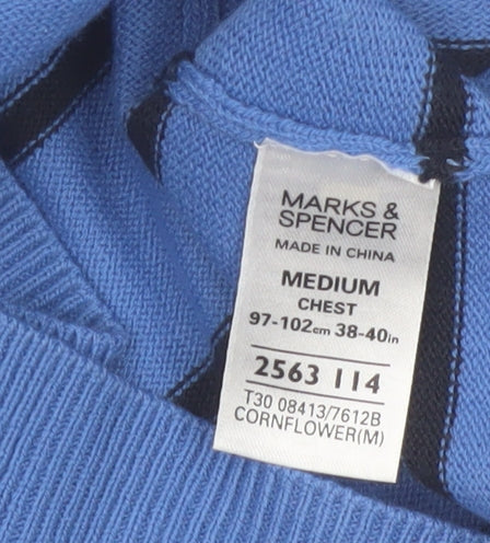 Marks and Spencer Men's Blue Striped V-Neck Jumper Medium