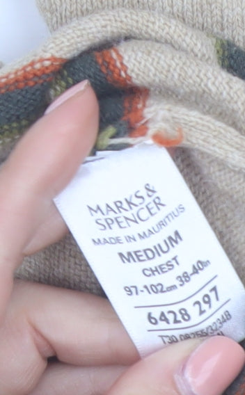 Marks and Spencer Men's Beige Striped Wool Crew Neck Jumper M