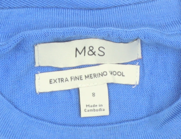 Marks and Spencer Women Blue Size 8 Crew Neck Merino Wool Jumper