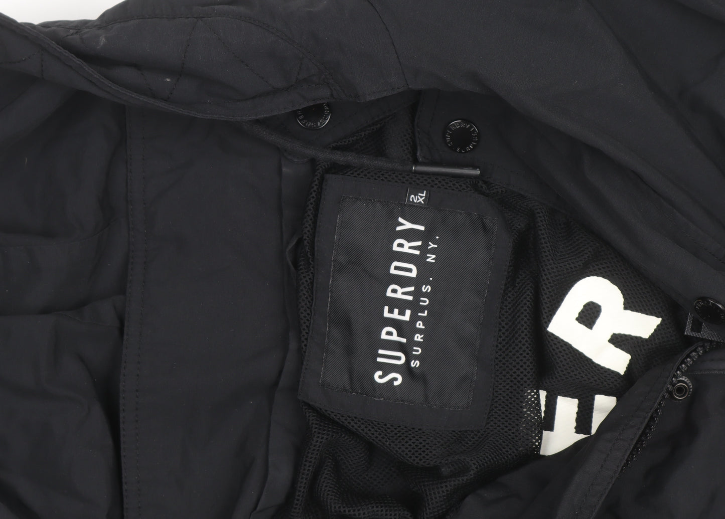 Superdry Mens Black Parka Jacket 2XL Hooded Lined Winter Coat
