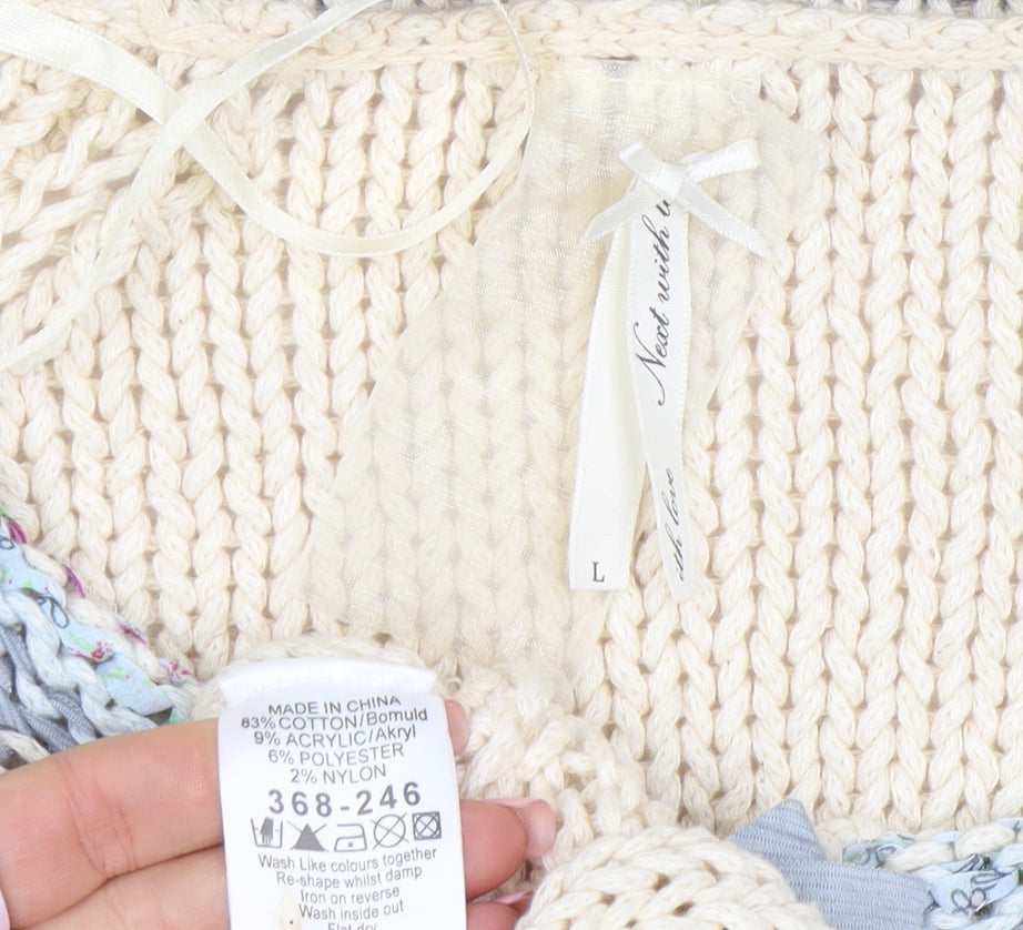 Next Women Beige Blue Knit Cardigan L Crochet Button Cotton Blend