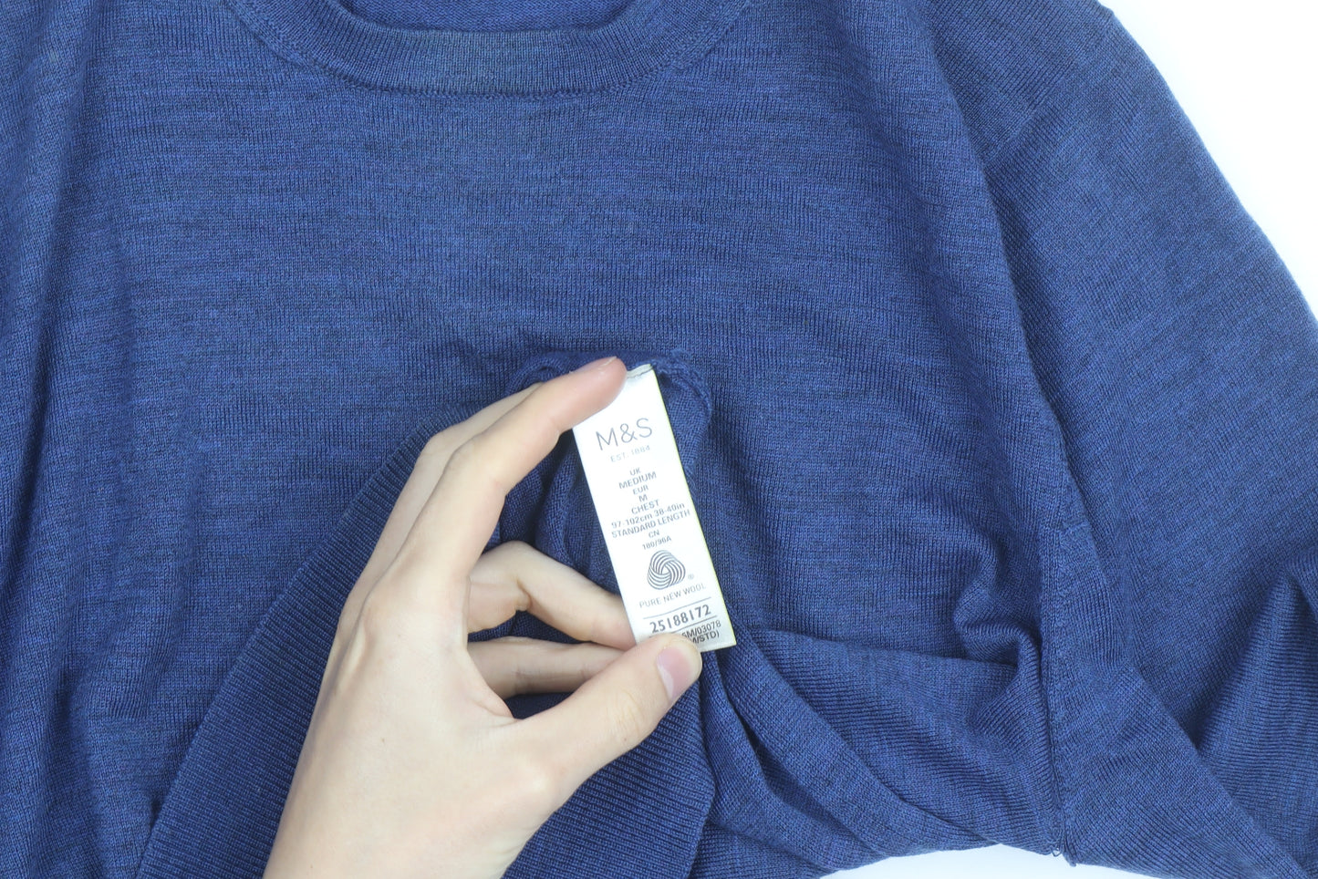 Marks and Spencer Men's Blue Wool Crew Neck Jumper Size M