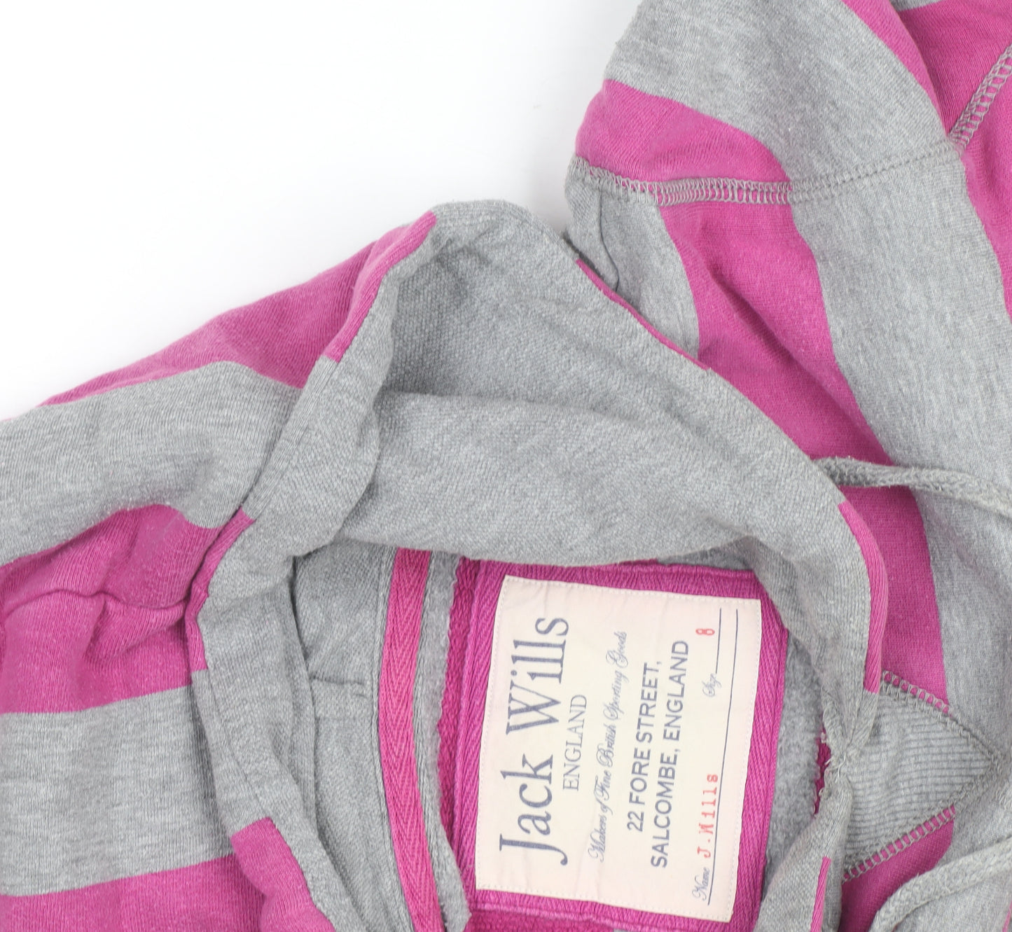 Jack Wills Womens Grey Pink Stripe Pullover Hoodie Size 8 Cotton Blend