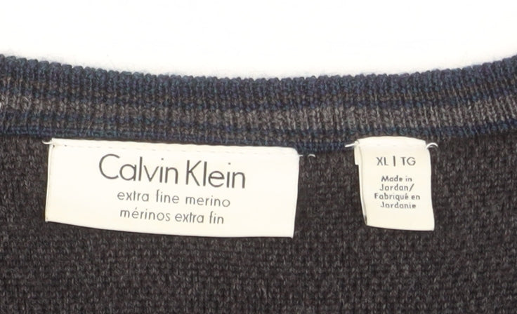 Calvin Klein Men's Blue Merino Wool V-Neck Jumper XL