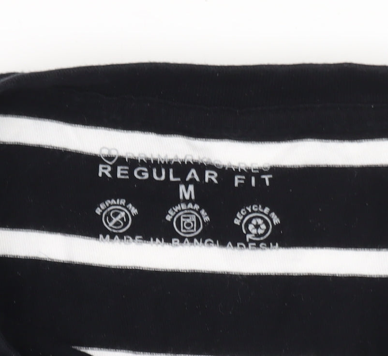 Primark Women's Black White Striped Long Sleeve Cotton Regular Fit Top M
