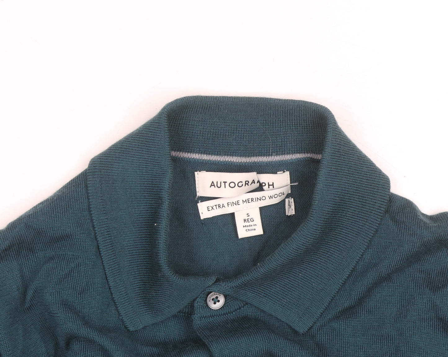 Marks and Spencer Autograph Men's Teal Merino Wool Long Sleeve Polo Shirt Size S