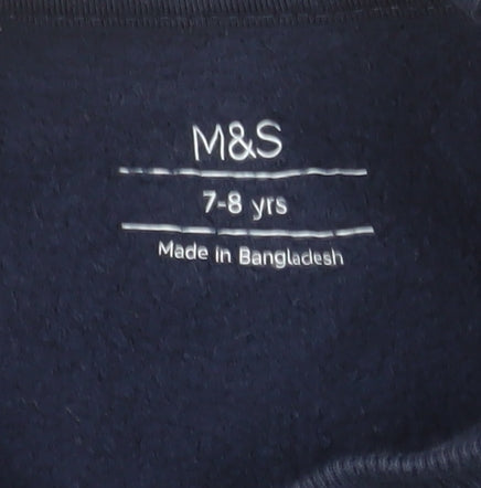 Marks and Spencer Girls Blue Bow Print Long Sleeve Jersey Dress 7-8 Years