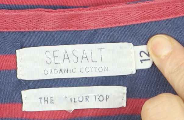 Seasalt Women Blue Red Striped 3/4 Sleeve Organic Cotton Top Size 12