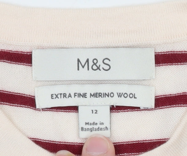 Marks and Spencer Women Red Stripe Merino Wool Jumper Size 12