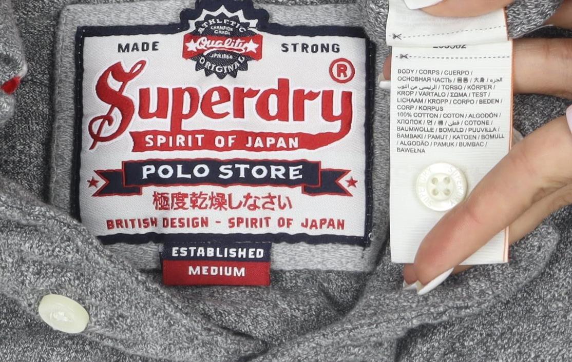 Superdry Men's Grey Cotton Short Sleeve Polo Shirt Medium