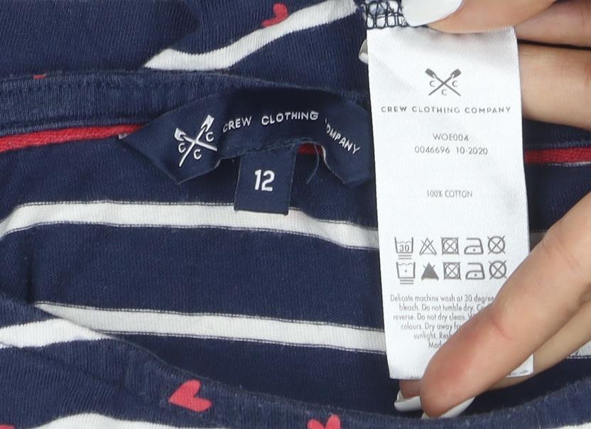 Crew Clothing Women’s Blue Striped Heart Boat Neck 3/4 Sleeve Cotton Top Size 12