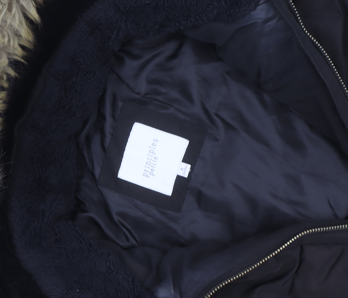 Principles Petite Black Faux Fur Trim Belted Puffer Coat Women’s Size 8