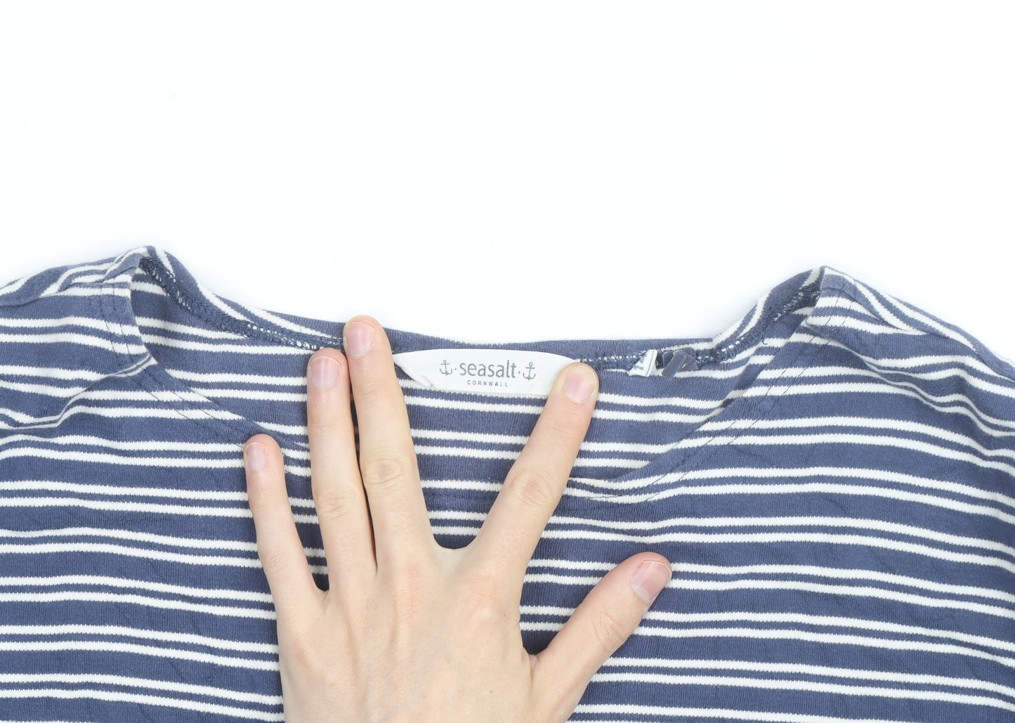 Seasalt Cornwall Women's Blue Striped Organic Cotton 3/4 Sleeve T-Shirt Size 14
